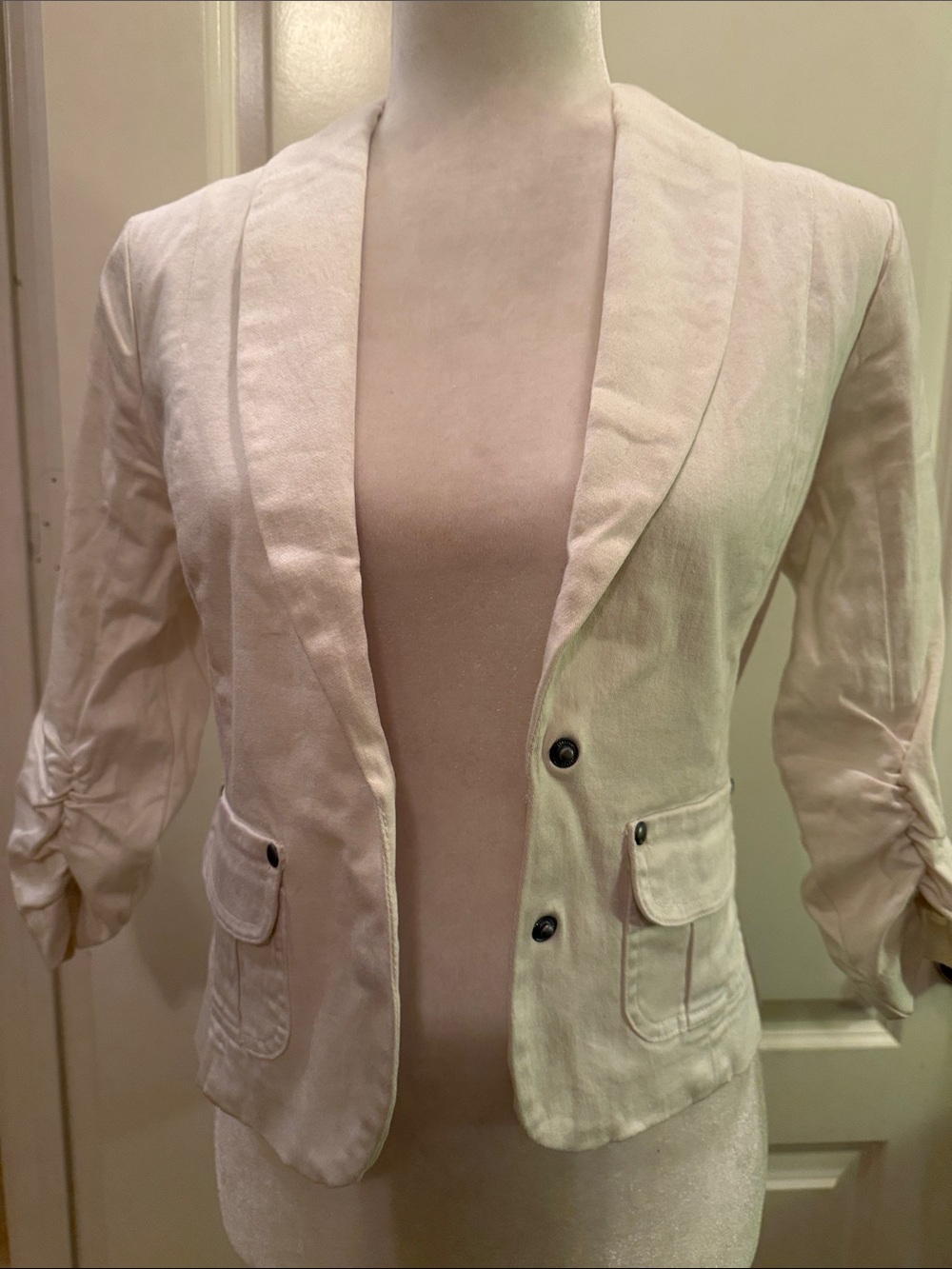 SPLIT White Cotton/Spandex Three-Quarter Ruched Sleeve Blazer Sml New